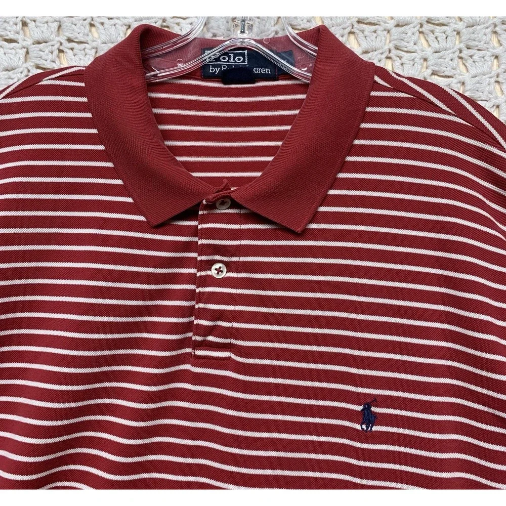 VTG Polo Ralph Lauren Polo Shirt Mens XL Red Striped 100%pima Cotton Short Sleev
